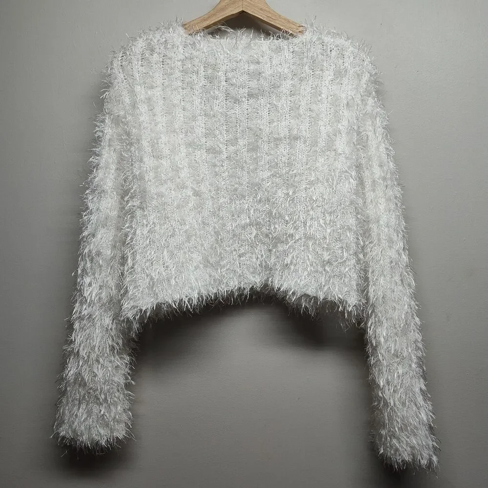 Lelis Fuzzy Sweater Women Size M White V-Neck Cropped Fall Winter Party